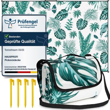 Плед для пікніка HAUSPROFI 200x300 см, водонепроникний, ізольований, XXL. Для пікніка, пляжу, кемпінгу. Бавовняна підкладка, ручка для перенесення, кілочки. Зручний, миючий, тримає форму. Зелений рослинний принт.