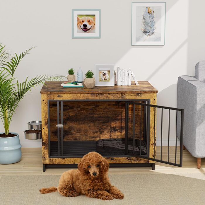 Дерев'яний вольєр для собак, 93x64x58 см, з піддоном та мисками, для собак середніх та маленьких порід (до 40 кг), білий (колір дерева)