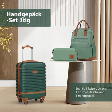 COOLIFE Suitcase Trolley Case Travel Suitcase made of ABS Hard Shell Trolley with 4 Wheels and TSA Lock. The suitcase includes 1 Travel Backpack and 1 Toiletry Bag (White/Brown, Large 3-Piece Suitcase Set) (Carry-on 3-Piece Set, Dark Green/Brown)