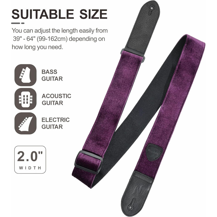 Гітарний ремінь Nefelibata з повного нубуку, вінтажний велюровий ремінь, безкоштовний бонус: 4 медіатори + фіксатори ременя + кнопка для ременя, подарунок для бас/електро/акустичної гітари (вишуканий фіолетовий)
