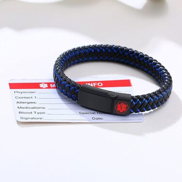 Чоловічий браслет-ідентифікатор з гравіюванням PJ JEWELLERY. Сплетене шкіряне браслет-медичний ідентифікатор з нержавіючою сталевою застібкою-магнітом. Чорний/Синій. Для людей з ЕПІЛЕПСІЄЮ.