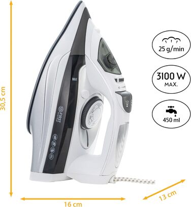 Парове прасування TZS First Austria I 3100W з керамічною підошвою, самоочищенням, вертикальним прасуванням, захистом від накипу, сухим прасуванням, резервуар 0,45л, 1,4 кг, сірий/білий