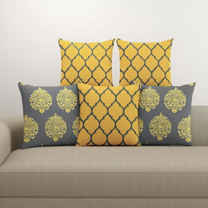Set of 5 pillow covers made of high-quality cotton, 61 x 61 cm, for throw pillows/small pillow covers only, 60 x 60 cm, Dori and Damask, Mustard Yellow, 5 pieces