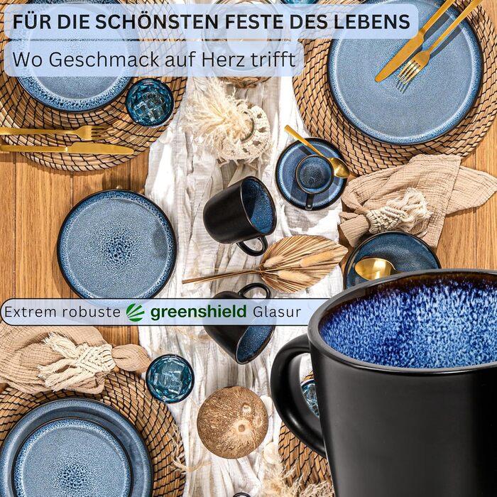 Набір кавових чашок Sänger Aruba, 6 шт., 430 мл, кераміка, блакитні з чорним обідком, для кави та чаю, миючі в посудомийній машині, для мікрохвильової печі