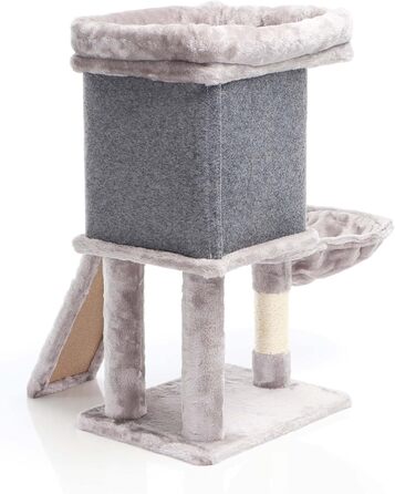 Котячий будиночок-крізьбаум Фудаджо сірого кольору, 71,5 см, з платформою для відпочинку, лежаком, дряпалкою та будиночком для котів