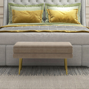 HOMCOM Bench, Upholstered Bench with Storage, Velvet-Look, Bed Bench with Steel Legs, Shoe Bench, Storage Bench for Living Room, Bedroom, Beige, 79.5 x 37.5 x 43 cm | Aosom