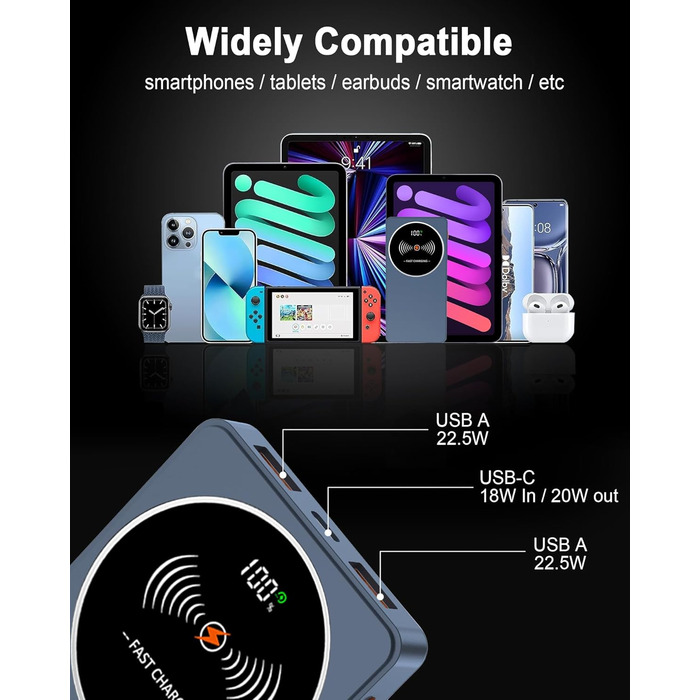 Портативний зарядний пристрій Power Bank Klein 10000mAh з USB-C, 3 порти, сумісний з iPhone/Android (Блакитний)