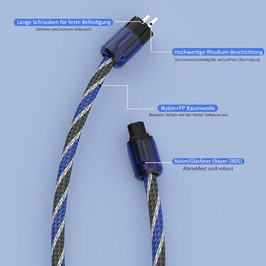 Hi-Fi мережевий кабель Monosaudio P037 1.5м, мідний екран OFC, 2-полюсний High-End кабель живлення AC з вилкою EU Schuko та роз'ємом IEC C15 для підсилювача, DVD, сабвуфера та декодера