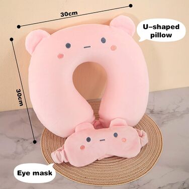 Подушка для шиї з принтом котика, зручна у подорожах: авто, літак, поїзд, кемпінг. Memory Foam, рожева