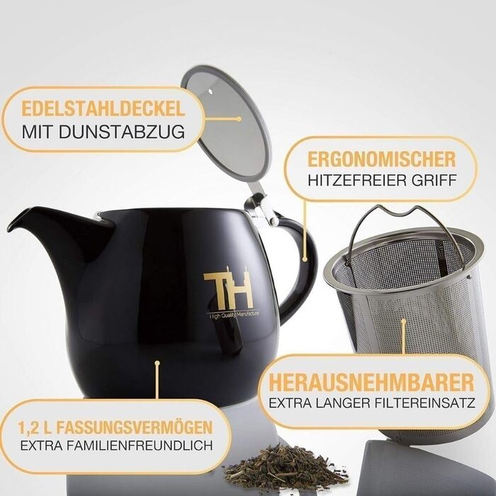 Design Teakettle with Stovetop Set - Double-Walled Porcelain Construction - 1.2L Volume - Handcrafted Porcelain Ceramic Teapot - New Lid - Removable Infuser - 2023 Model