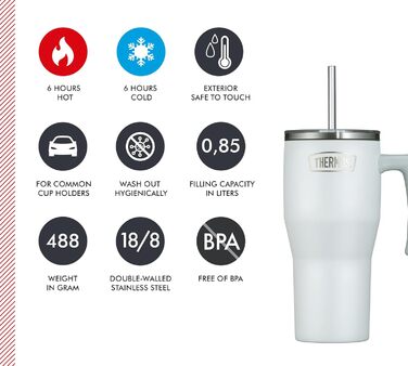 Термос REFRESHING SERIES: ізольований термопоїльник-кружка з трубочкою та ручкою, 0.85л, нержавіюча сталь, подвійні стінки, для дому, офісу та подорожей