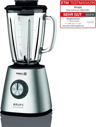 Krups KB439D Blendforce 2 Blender | 800 Watt | 5 Speeds | Pulse Function | 1.75 Liter Tritan Glass Container (Usable Volume: 1.25 Liters) | Shatterproof | Ice Crusher | Stainless Steel