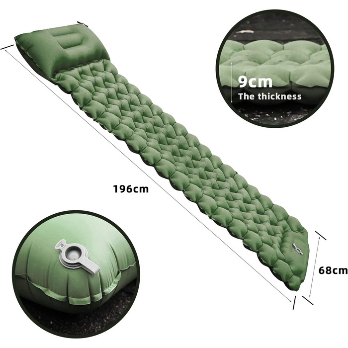 Каретка самонадувна туристична ізомат з подушкою, вологостійка та легка для кемпінгу та подорожей (зелена)