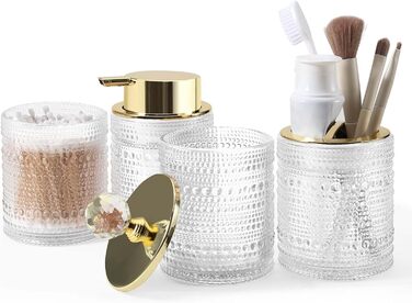 Набір аксесуарів для ванної кімнати Dasiton (4 шт.) з прозорого скла: мильниця, тримач для зубних щіток, стаканчик, контейнер для ватних паличок. Зелений/Прозорий (A)