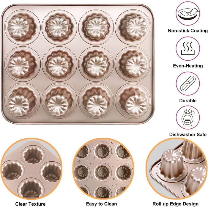 Canele Backform Mini Bordelais Canelé Backforms, Canelé Baking Molds, Bordeaux Baking Mold, Jelly Mold, Muffin Mold, Baking Sheet, Non-Stick for Canelés, Muffins, Pudding, Cupcakes, Bread, Carbon Steel, 12 Cavities