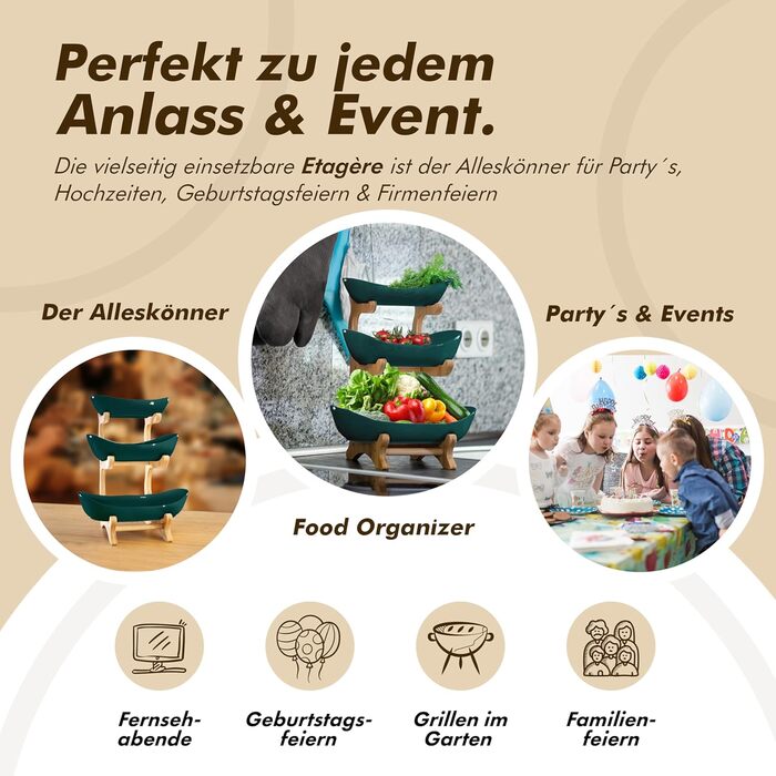 Керамічна фруктова тарілка на бамбуковому підставці, 3 яруси, для фруктів, закусок, випічки, стильна, сучасна, зелена