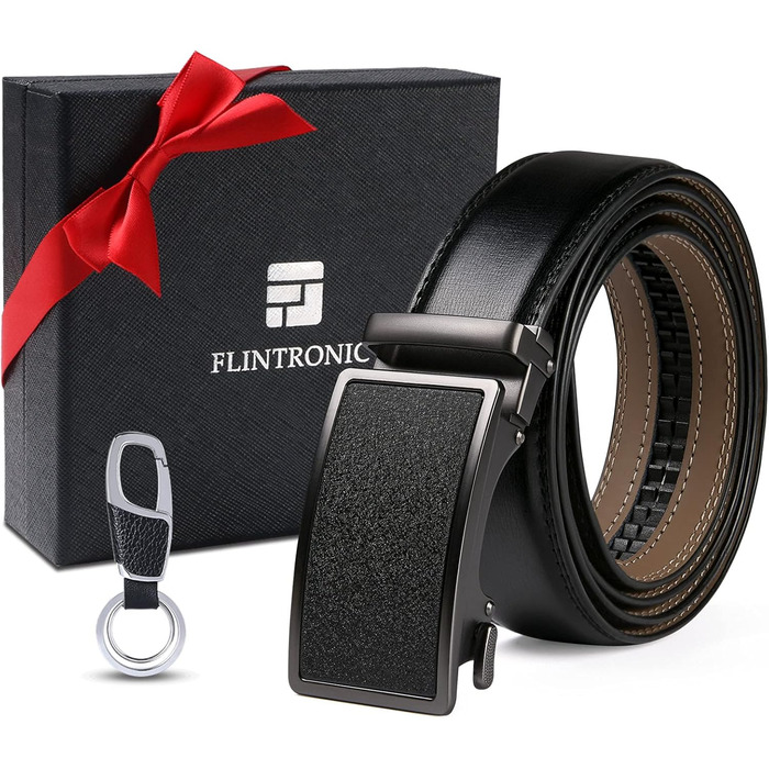 Чоловічий шкіряний ремінь Flintronic з автоматичною пряжкою (ратинг), ширина 3.5 см, довжина 130 см, з лінійкою та брелоком (у подарунковій коробці), чорний