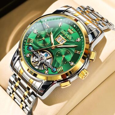 Чоловічий скелетон-годинник OLEVS 9910: кварцовий спортивний годинник з водовідштовхувальним корпусом, сталевий браслет (золото-срібло) та зелений циферблат