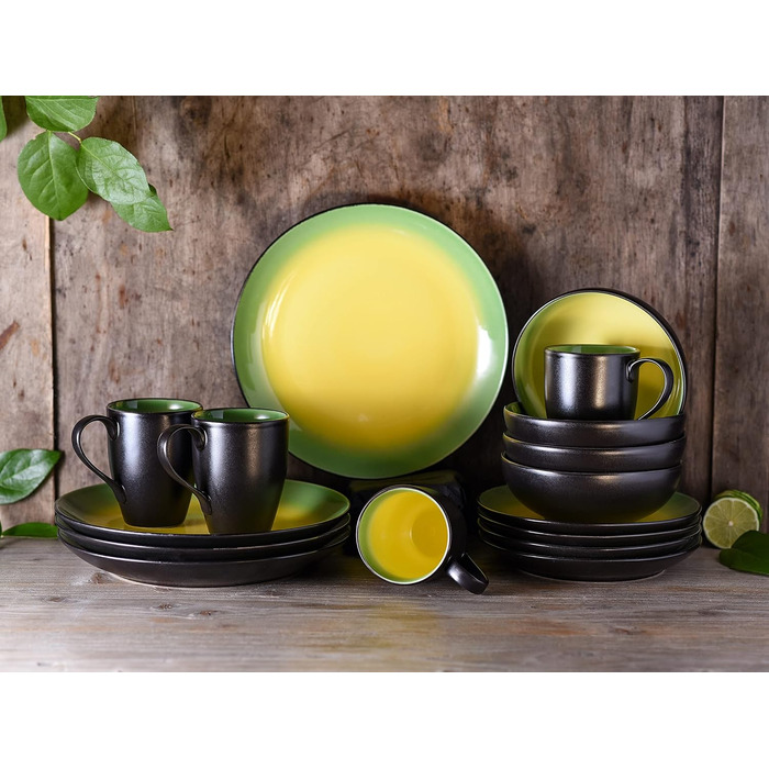 CreaTable Geschirrset HOT GREEN, 16-teilний комбінований сервіз з кераміки, для дому та ресторану