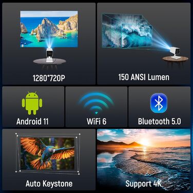 Mini проєктор Beamer 4K з Wi-Fi 6 та Bluetooth 5.0, 150 ANSI Lumen, портативний, автоматичне вирівнювання, 130 дюймів, для домашнього кіно, сумісний з телефоном/ПК/HDMI/USB