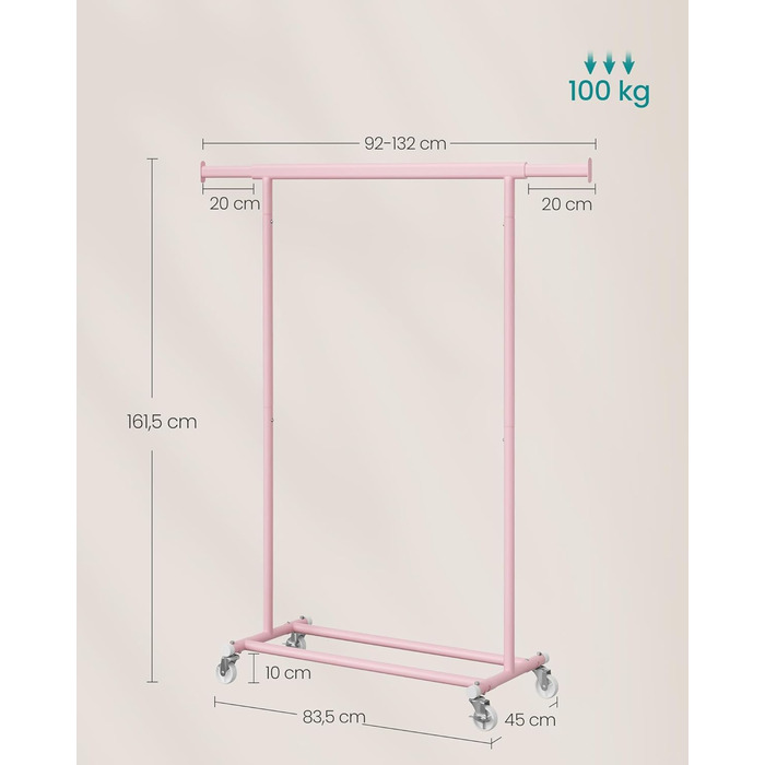 SONGMICS Стійка для одягу на коліщатках, важка, висувна штанга, до 100 кг, рожева HSR013R01, 92-132 см
