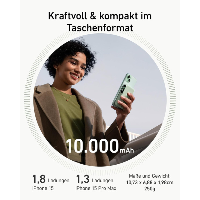 Powerbank Anker MagGo: 10000mAh, Qi2, 15W, MagSafe, USB-C, з дисплеєм та підставкою (Зелений)