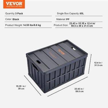 VEVOR 3-Piece Set 65L Professional Folding Box made of PP, Transport Box with Lid, Foldable Storage Box with Handle, Stackable Crates, Storage Box, Folding Boxes, Stackable Boxes for Storage & Transport