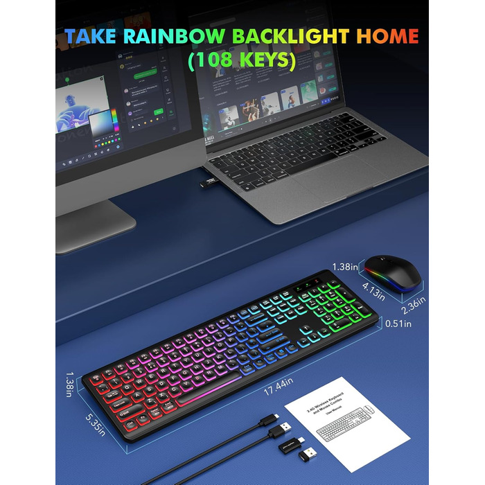 Бездротова клавіатура та миша з підсвічуванням, USB-C, тиха, для Mac/Windows/PC/Laptop - Чорний, QWERTY