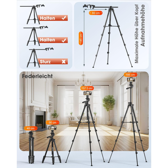 Штатив горизонтальний CAMBOFOTO 185 см для iPhone/камери, гнучкий, для відеозйомки, з сумкою