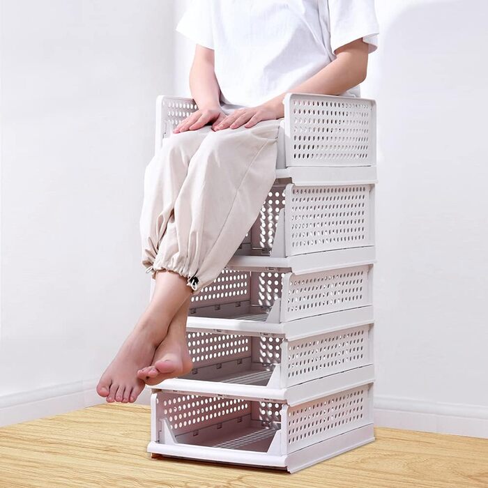 5 Foldable Plastic Storage Boxes, Drawer Box, Stackable Closet Organizer, Shelf Storage Box, Shelf Baskets Closet, Stackable Drawer Storage Boxes, for Kitchen Bedroom, White