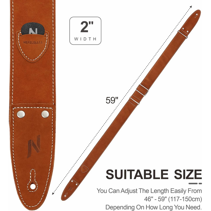 Гітарний ремінь Nefelibata з повного нубуку, з кишенькою для медіатора, для бас-, електро- та акустичної гітари, з медіаторами, кнопками та замками (Star Black) (Bc#-Coffee Brown)