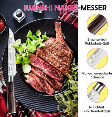 Японський ніж JUANSHI® 13 см, універсальний ніж для кухні - професійний ніж з ручкою з паккавуду з високоякісної нержавіючої сталі з вуглецевої сталі, 2024227 (ніж для стейка 11.4 см)