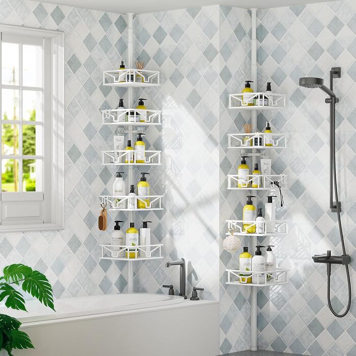 Кутовий телескопічний поличний органайзер для душу Bomclap з 5 кошиками, металевий, регульована висота 106-287 см, для ванни та душу, без свердління, білий