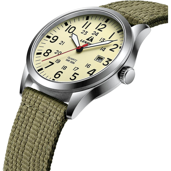 Годинник чоловічий LN LENQIN Military 30M водонепроникні, аналогові кварцові годинники з датою, нейлоновий ремінь, тактичний спортивний годинник (06- світло-зелений сріблястий жовтий)