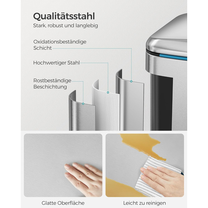 SONGMICS Відро для сміття 40 л з 2 відсіками (2 x 20 л), металевий третемер з пластиковим внутрішнім відром, Softclose, герметичний, білий LTB40WT (срібний)