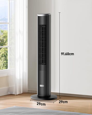 Вентилятор Tower Leiser для спальні, підлоговий з пультом, 90° поворот, 4 швидкості, 3 режими, таймер 12 год, LED-дисплей, 91 см, чорний