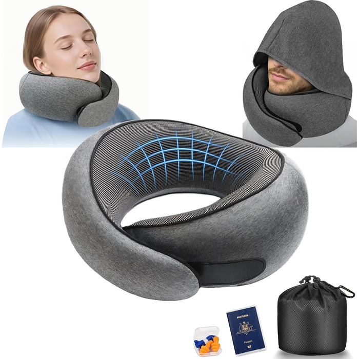 Подушка для шиї з регульованою капюшоном та 360° підтримкою шиї | Ергономічна подушка з піною з пам'яті для подорожей (літак, авто) | З чохлом та берушами | Дихаюча та пральна (темно-сіра)
