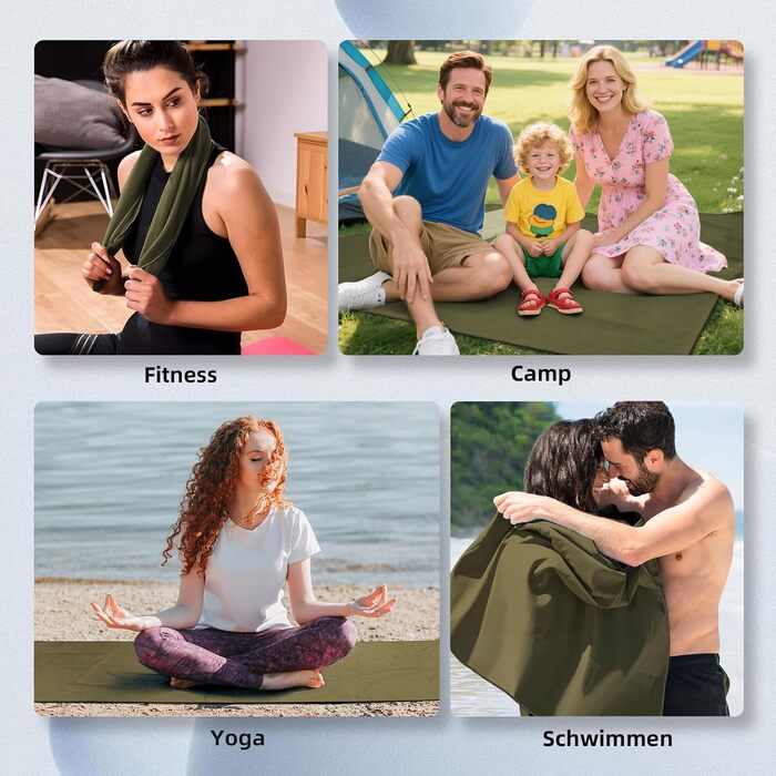 Набір з 3 рушників з мікрофібри: великий (180x80 см) та 2 маленькі (80x40 см). Швидковисихаючі рушники з мікрофібри для спорту, пляжу, ванни та подорожей (армійний зелений)