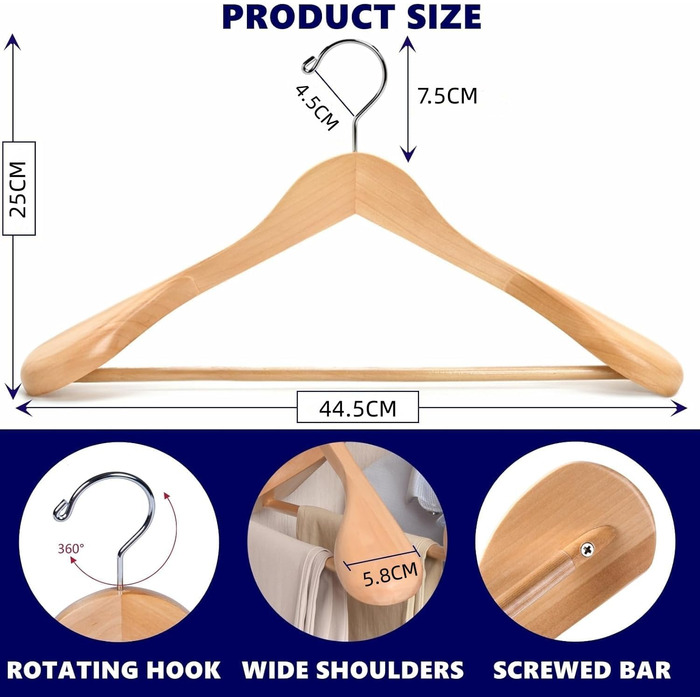 Amber Home 10-Piece 44.5cm Natural Wooden Clothes Hangers with Wide Shoulders (5.8cm), Sturdy and Shiny Hanger with Round Bar for Suit, Jacket, Coat, Shirt, Trousers