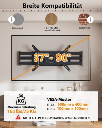 Настінне кріплення для телевізора Heavy Duty XXXL 60-120 дюймів, поворотне, з регулюванням нахилу, до 125 кг, VESA 200x100-600x400 мм
