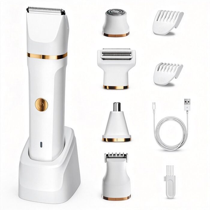 Електрична бритва для жінок 5 в 1 Lady Shaver: набір з 5 змінними насадками для ніг, бікіні та носа, водонепроникна IPX7, для вологого та сухого гоління, біла