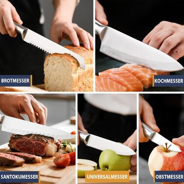 Fimaten 6-Piece Wooden Knife Block Set - Kitchen Knife Set with Chef's Knife, Santoku Knife, Bread Knife, Fruit Knife, Utility Knife & Sharpener