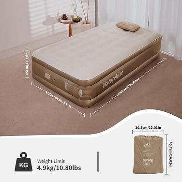 Надувний матрац Naturehike для кемпінгу та дому (190x100x45 см), самонадувний, з акумуляторним насосом, для 1 особи, коричневий