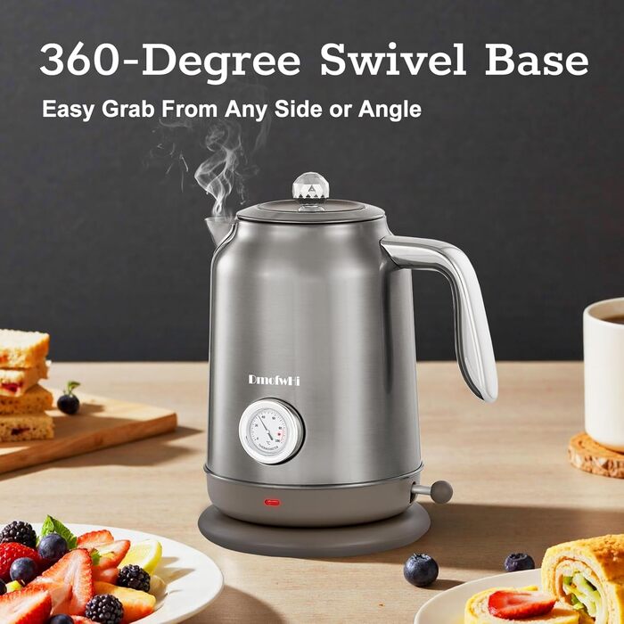 Електричний чайник з нержавіючої сталі з термоіндикатором, 1.7 л, Vintage, з автовимкненням та захистом від сухого кипіння – ідеальний для чаю та кави в сім'ї (Chrome)