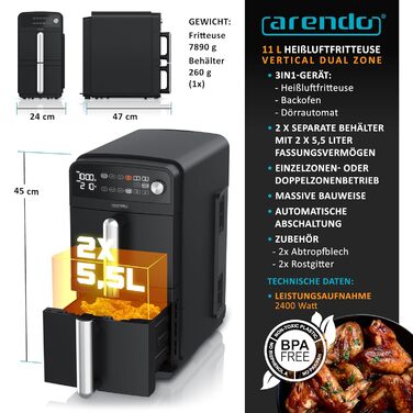 Фритюрниця Arendo з гарячим повітрям XXL Dual Zone, 11 літрів, 2400 Вт, 2 зони, 3в1, 8 сенсорів, без PFAS BPA, 2 решітки, 3D циркуляція повітря, подвійний рівень, тип 1