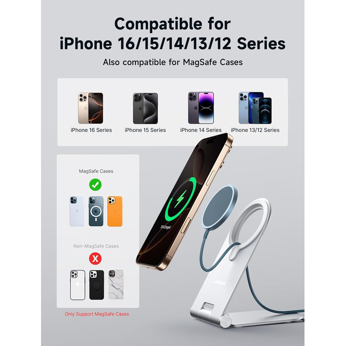 Бездротова зарядка JSAUX MagSafe 15W для iPhone 17 Air Pro Max, iPhone 16/15/14/13/12, AirPods 3/2, блакитна