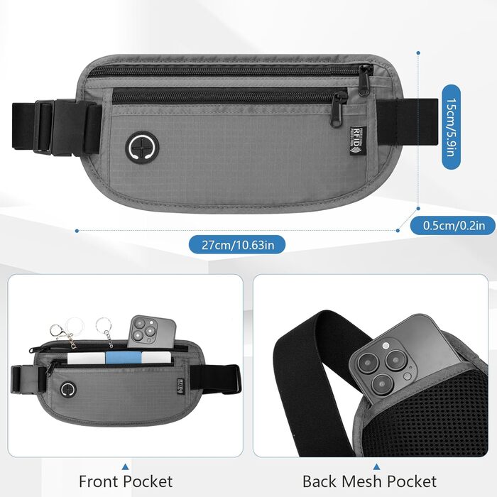 Чоловіча та жіноча поясна сумка Vinato з захистом від крадіжок та RFID, сіра. Ідеальна для подорожей, фестивалів, спорту та зберігання документів.