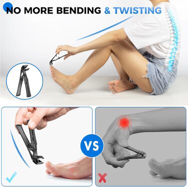 Кусачки для нігтів для літніх людей з широкими щелепами та довгою ручкою, кусачки для кутикули з кутовою головкою, для товстих нігтів, з контейнером для збору обрізків, подарунковий набір для чоловіків та жінок, чорні