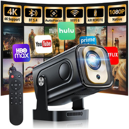 4K проєктор Beamer Full HD 1080P Android, портативний міні-проєктор з Wi-Fi 6 та Bluetooth 5.2, поворотний на 270°, для PC/HDMI/USB, з мишею та пультом, білий (чорний матовий)