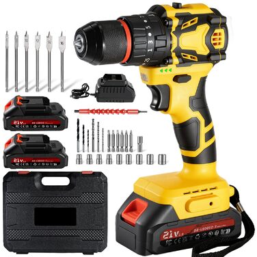 Акумуляторний шуруповерт 21V безщітковий, 2 акумулятори 2.0Ah, 70 Nm, 25+3 ступені крутного моменту, 2 швидкості, LED-ліхтик, патрон 10 мм, для ремонту та DIY